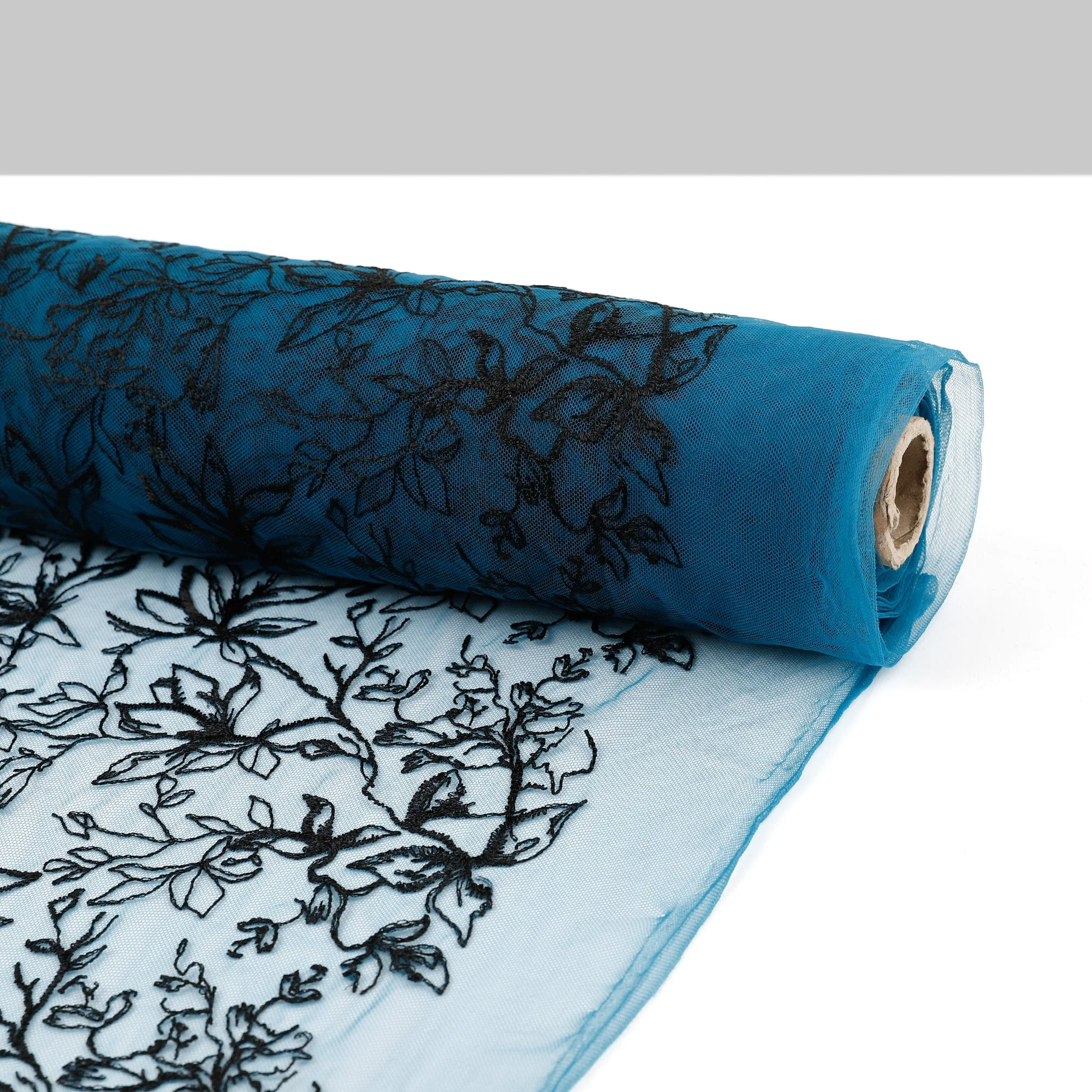 Honeysuckle Embroidered Tulle - Teal/Black - Image 3