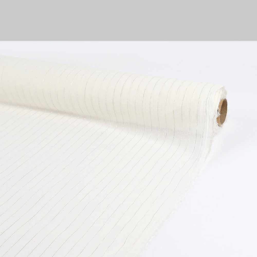 Metallic Pinstripe Cotton Crinkle Gauze - Ivory/Gold - Image 3